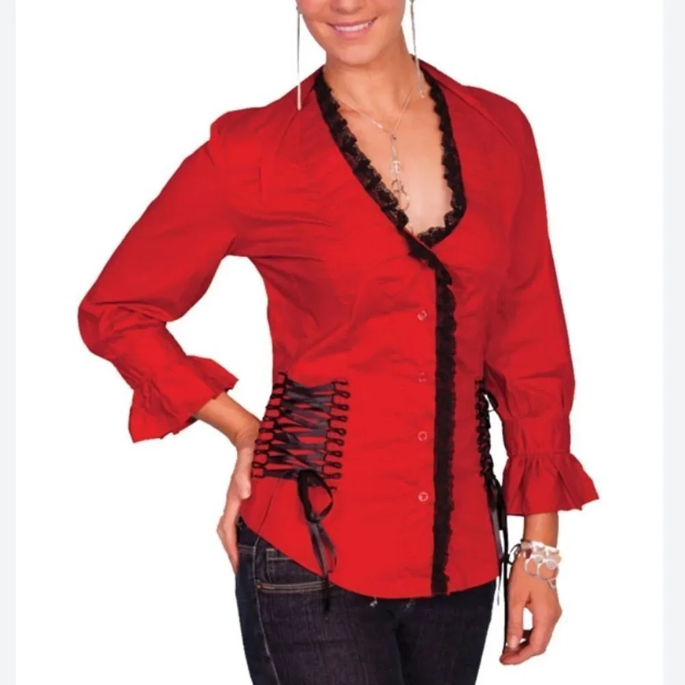 SCULLY Shirt Corset NWT Blouse Marion Ruffle Button Up Stretch Red Black Size M - Picture 1 of 14